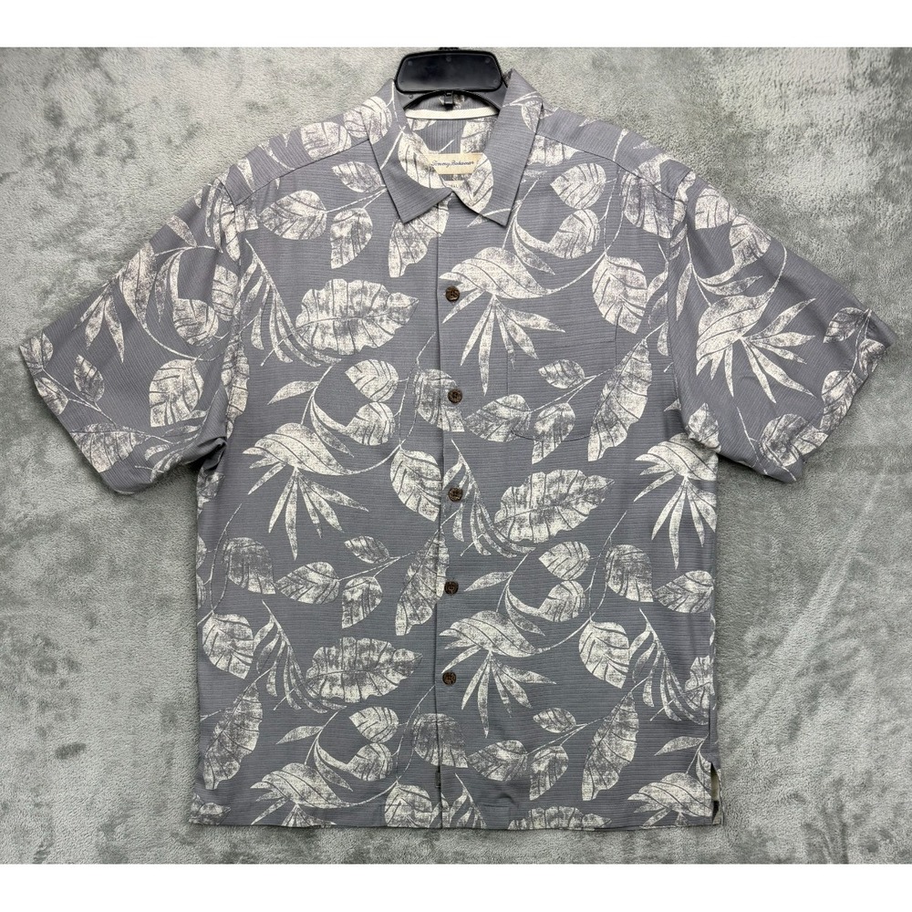 Tommy Bahama Hawaiian Camp Shirt Sz M‎ Gray Floral Silk Original Fit Lightweight